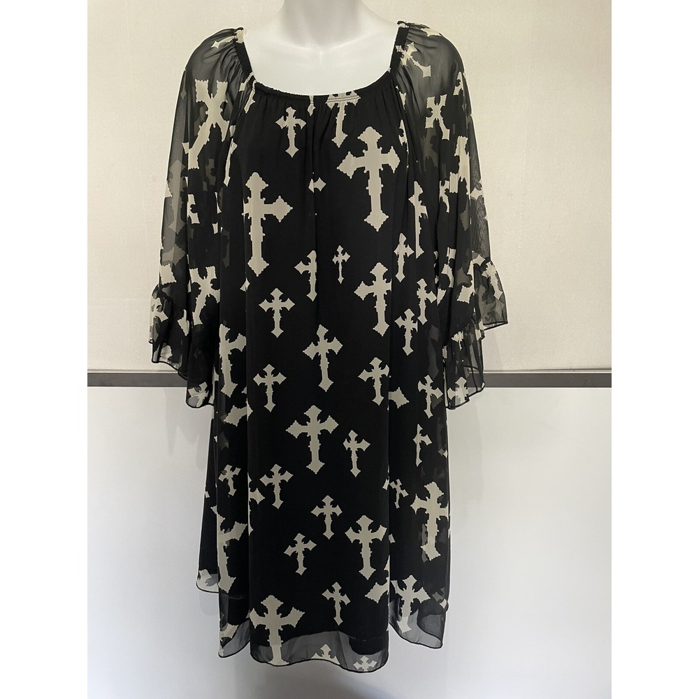 R Rouge Womens Gothic Cross Bell Sleeve A-Line Dress USA